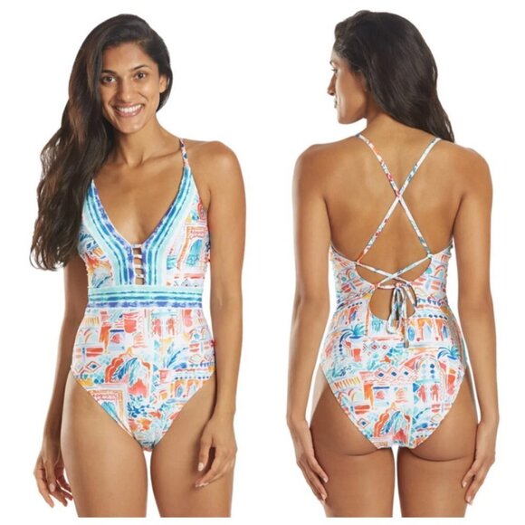 💕LA BLANCA💕 Terra Print Plunge Neck One-Piece Swimsuit ~ 10 Tera Italia NWT - Picture 5 of 14